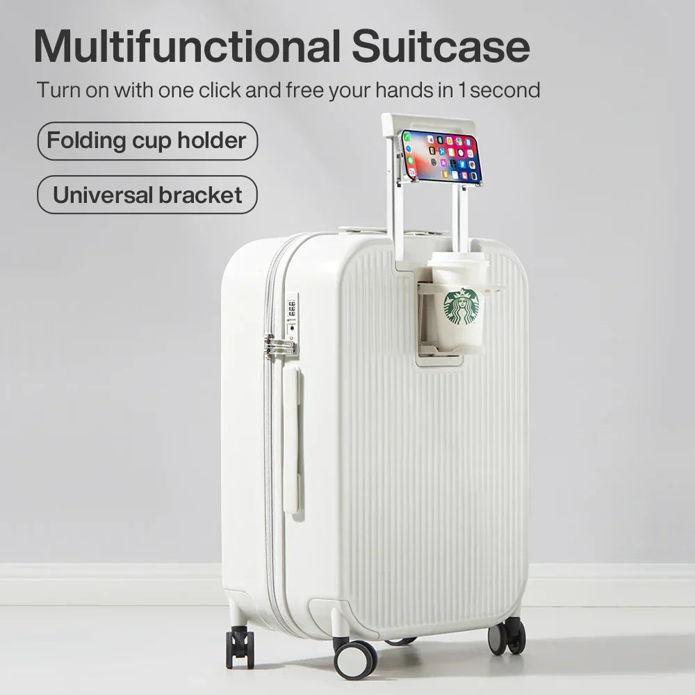 Hartschalen-Reisekoffer Lyon, a durable hardshell spinner suitcase with cup holder for comfortable, organized travel.