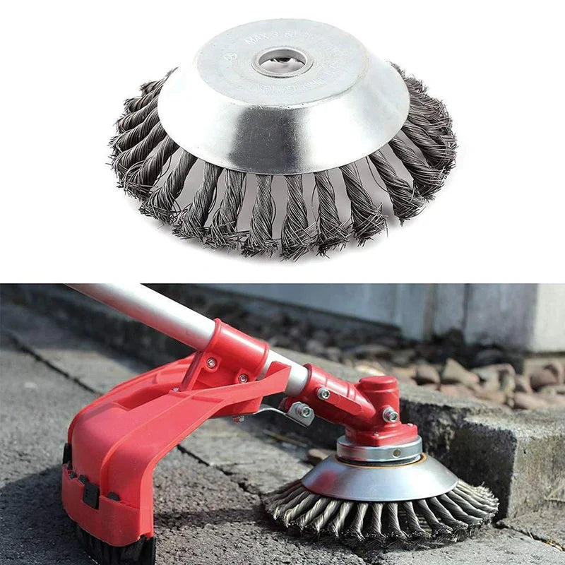 Efficient steel wire brush cutter head, transforming your trimmer into a powerful cleaning tool.