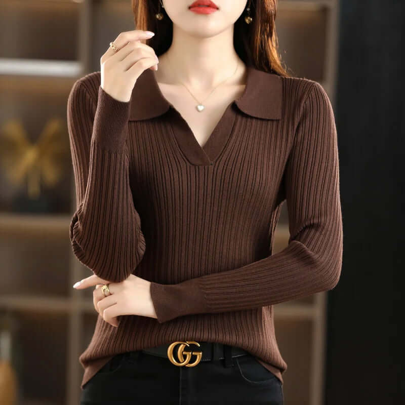 Women's Ribbed V-Neck Polo Shirt