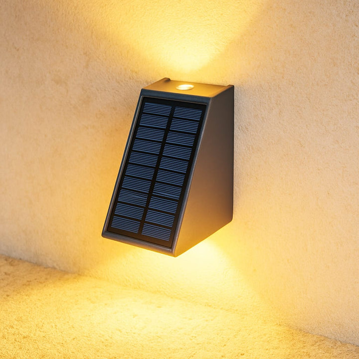 "Eco-friendly solar wall light with up and down illumination, modern aluminum and glass design, for outdoor decor."