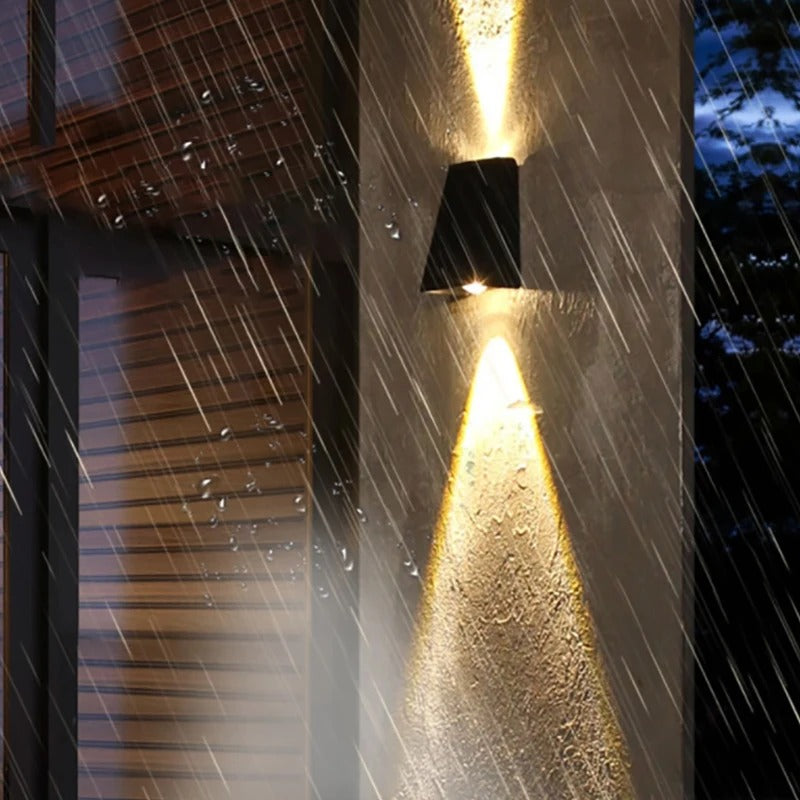 "Eco-friendly solar wall light with up and down illumination, modern aluminum and glass design, for outdoor decor."