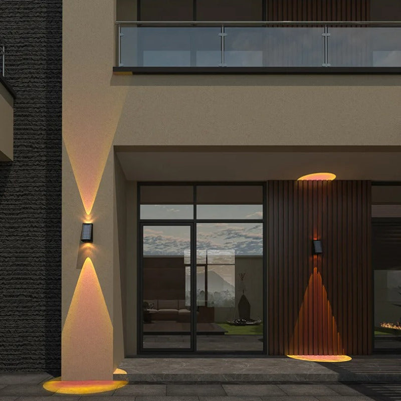 "Eco-friendly solar wall light with up and down illumination, modern aluminum and glass design, for outdoor decor."