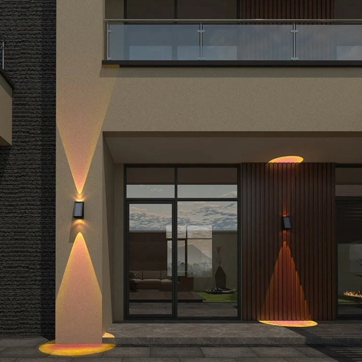 "Eco-friendly solar wall light with up and down illumination, modern aluminum and glass design, for outdoor decor."