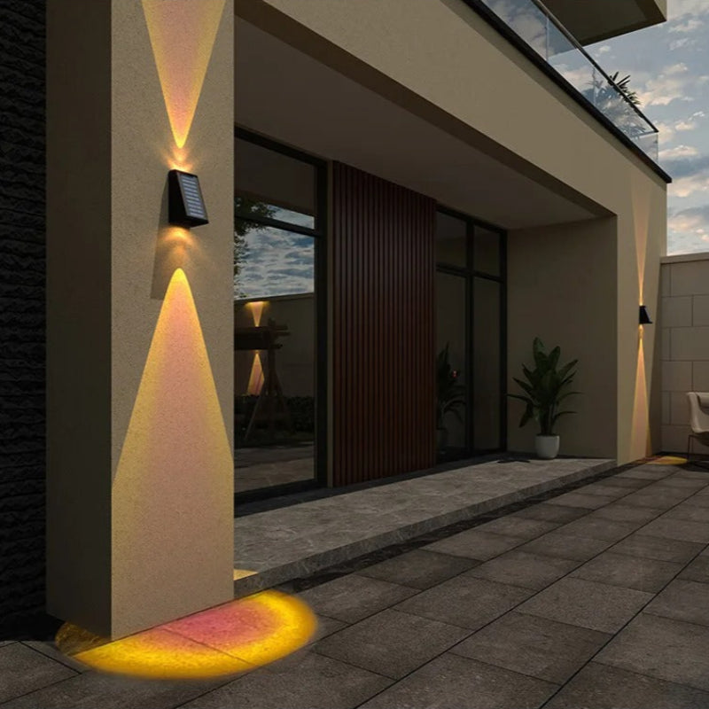"Eco-friendly solar wall light with up and down illumination, modern aluminum and glass design, for outdoor decor."
