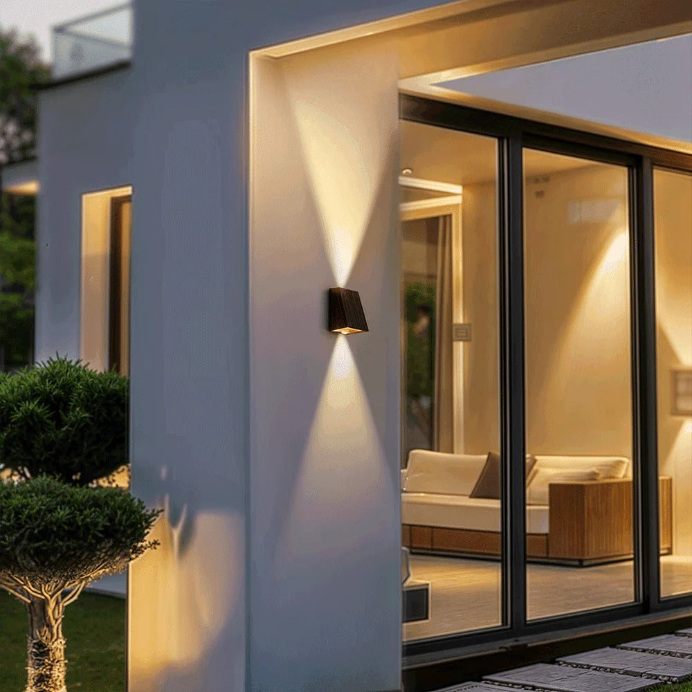 "Eco-friendly solar wall light with up and down illumination, modern aluminum and glass design, for outdoor decor."