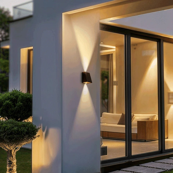 "Eco-friendly solar wall light with up and down illumination, modern aluminum and glass design, for outdoor decor."
