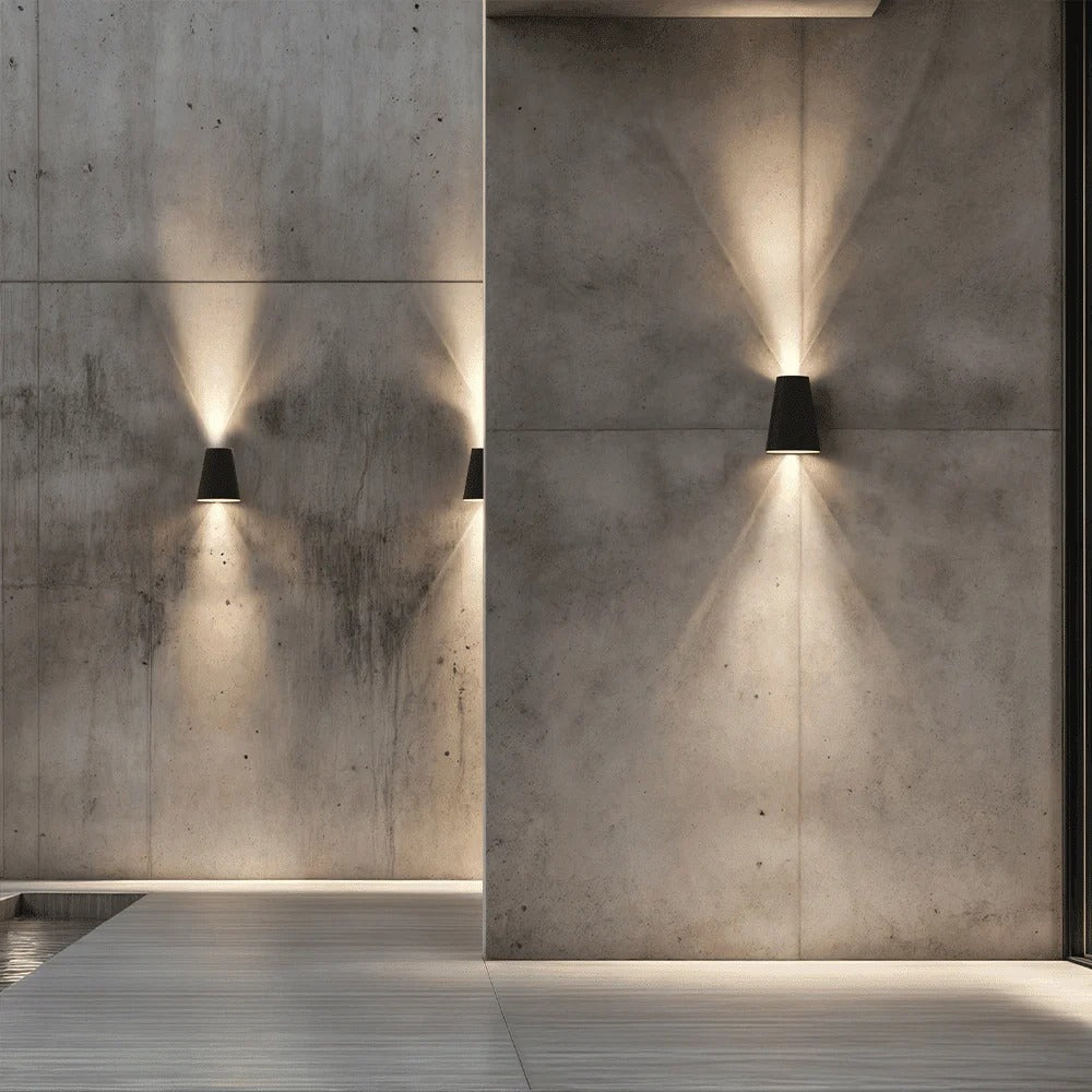 "Eco-friendly solar wall light with up and down illumination, modern aluminum and glass design, for outdoor decor."
