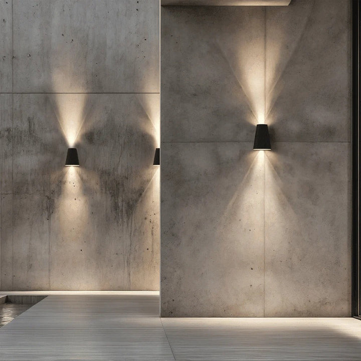 "Eco-friendly solar wall light with up and down illumination, modern aluminum and glass design, for outdoor decor."