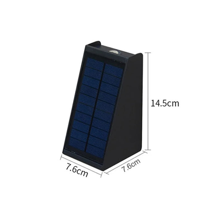 "Eco-friendly solar wall light with up and down illumination, modern aluminum and glass design, for outdoor decor."