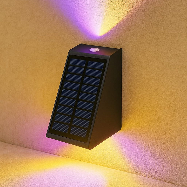 "Eco-friendly solar wall light with up and down illumination, modern aluminum and glass design, for outdoor decor."