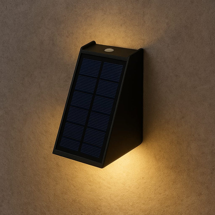 "Eco-friendly solar wall light with up and down illumination, modern aluminum and glass design, for outdoor decor."