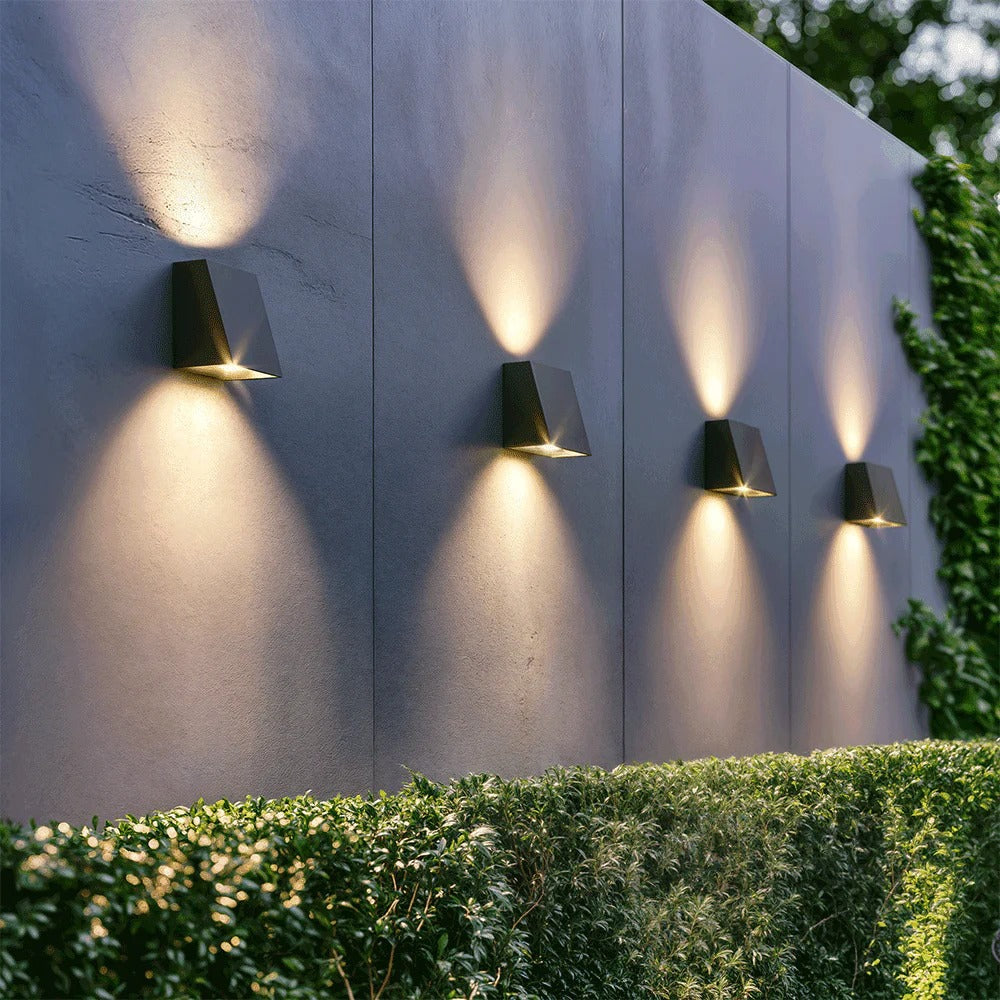 "Eco-friendly solar wall light with up and down illumination, modern aluminum and glass design, for outdoor decor."