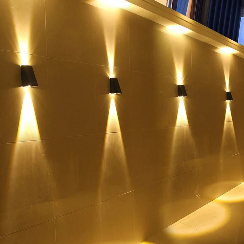 "Eco-friendly solar wall light with up and down illumination, modern aluminum and glass design, for outdoor decor."