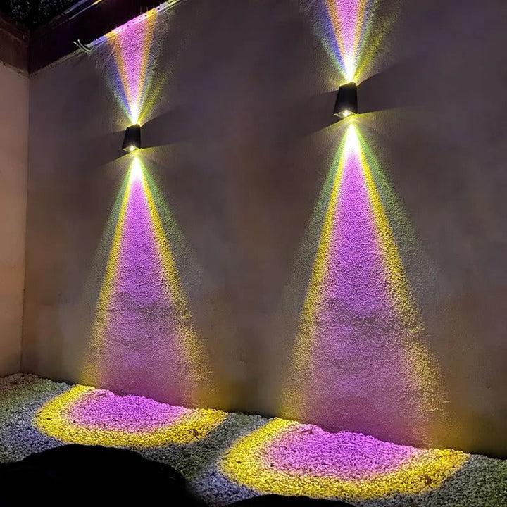 "Eco-friendly solar wall light with up and down illumination, modern aluminum and glass design, for outdoor decor."
