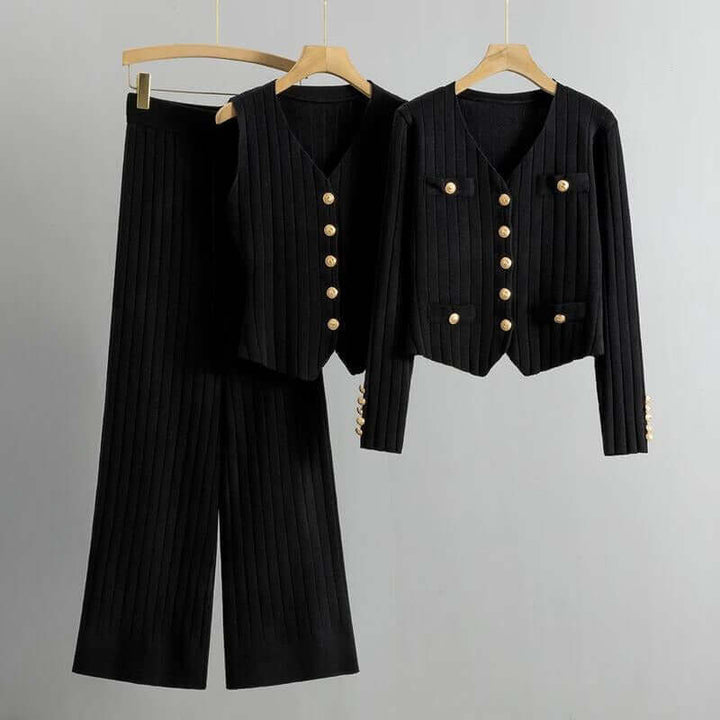 Women's Knitted Lounge Set with Cardigan, Vest & Wide-Leg Trousers