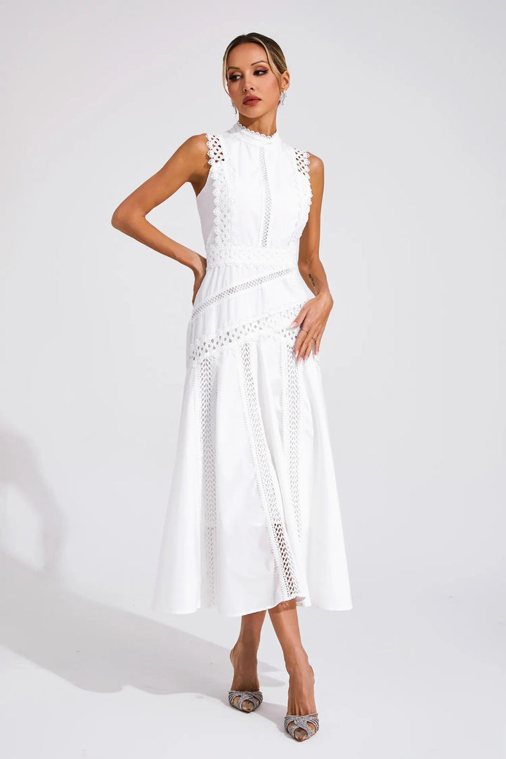 Women's sleeveless A-line lace midi dress with mock neck, ideal for summer weddings & parties.
