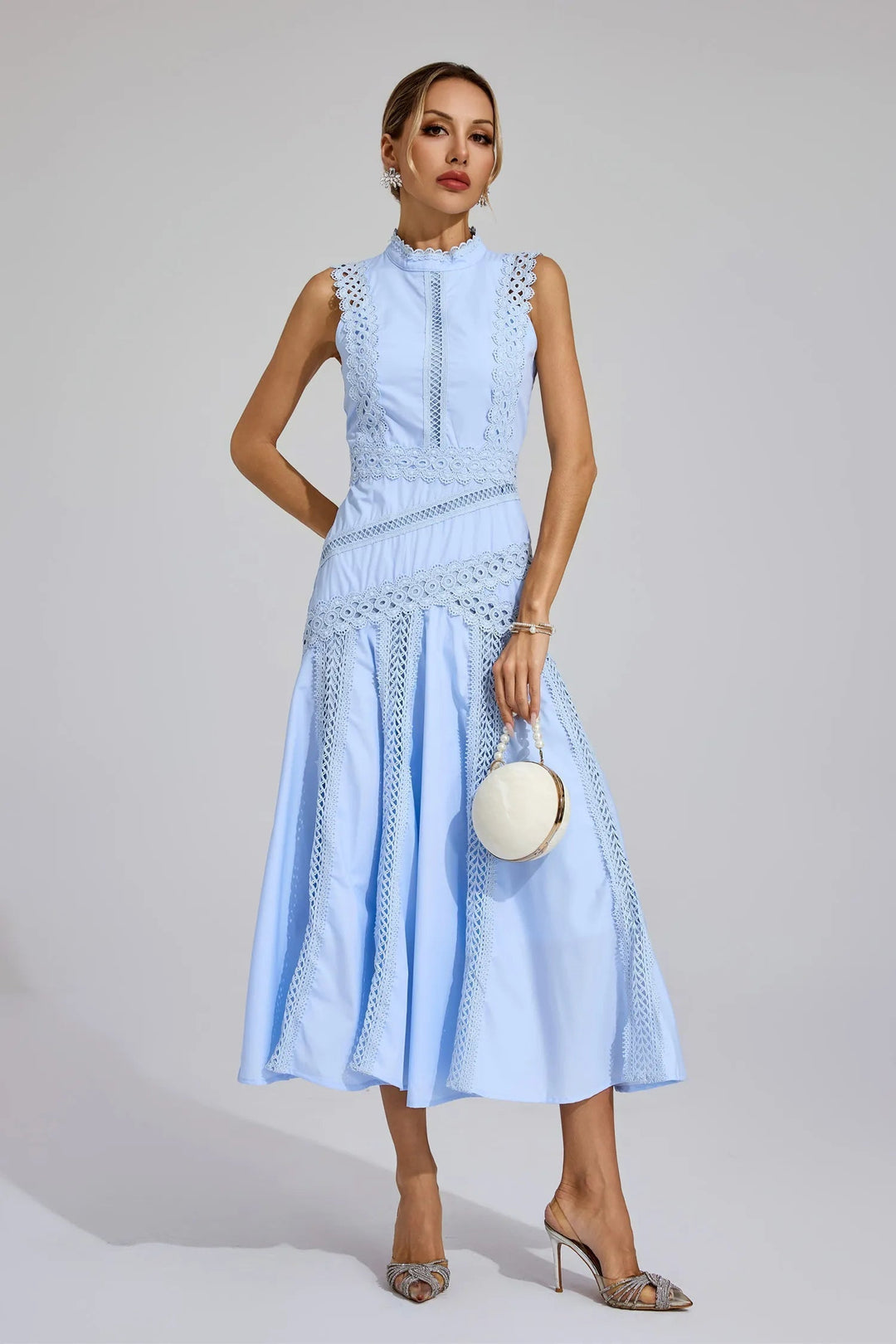 Yellow elegant lace A-line midi dress, a stylish wedding guest outfit for summer events.