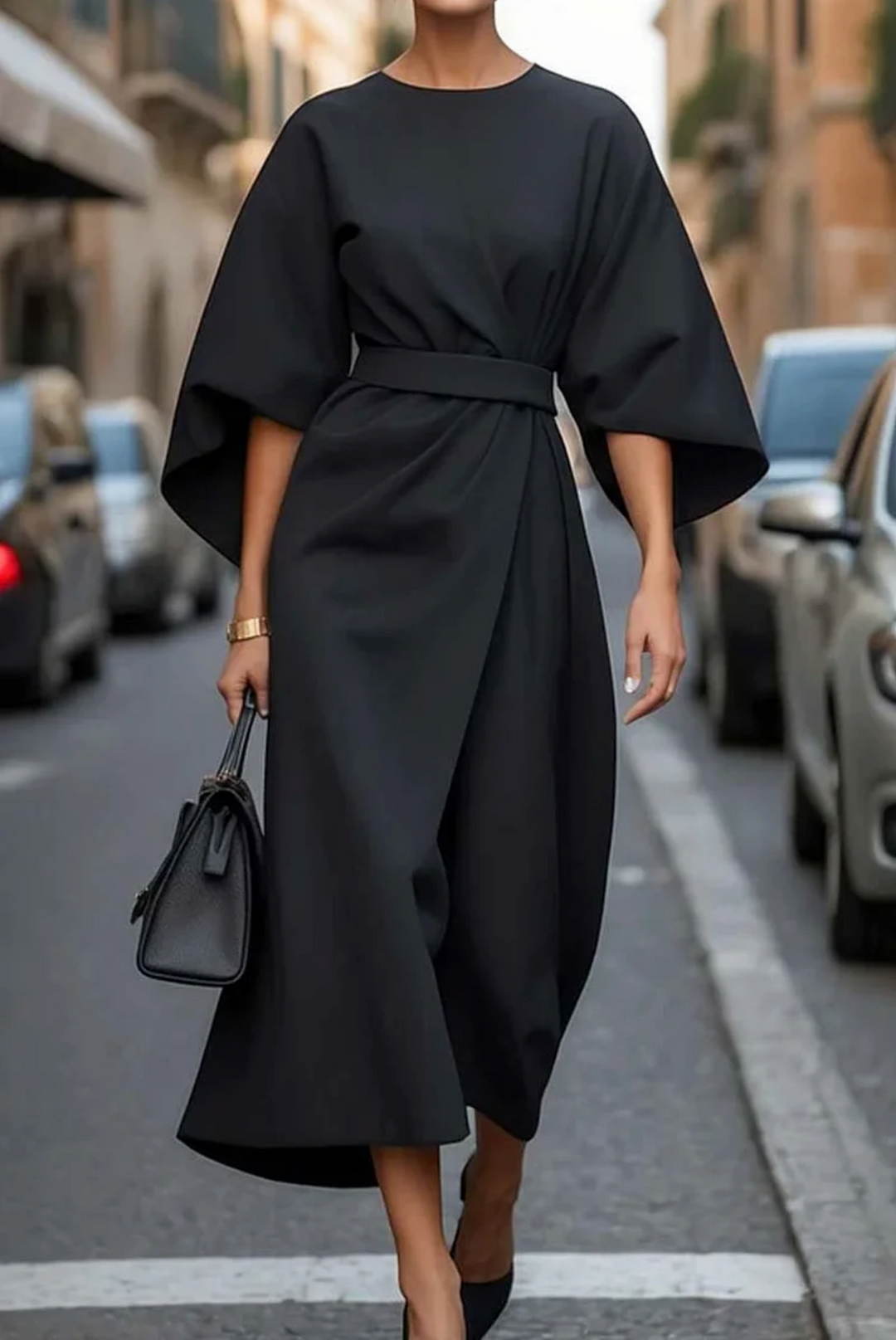Elegant belted midi dress for women with voluminous lantern sleeves, perfect for formal events.