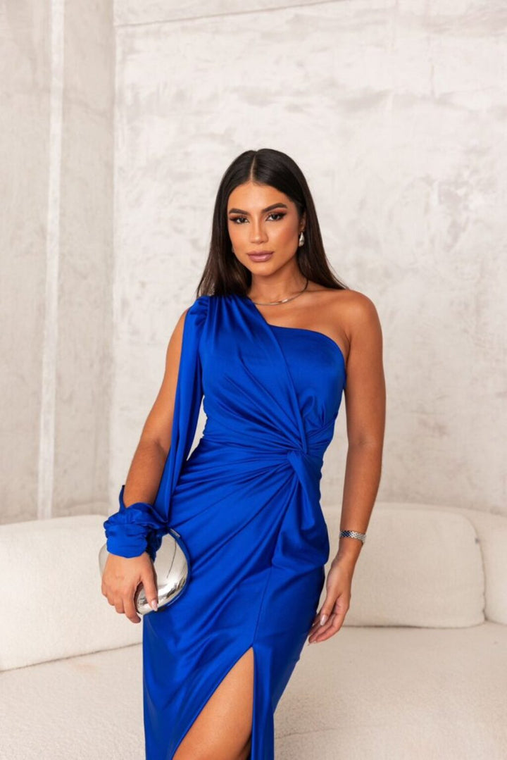 Full-length elegant one-shoulder ruched formal dress, ideal for wedding guests.
