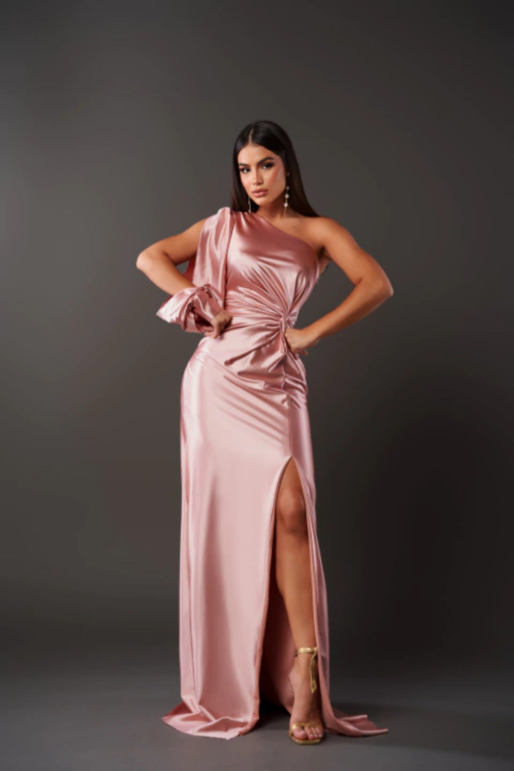 Women's one-shoulder ruched formal maxi gown, perfect for any special occasion.