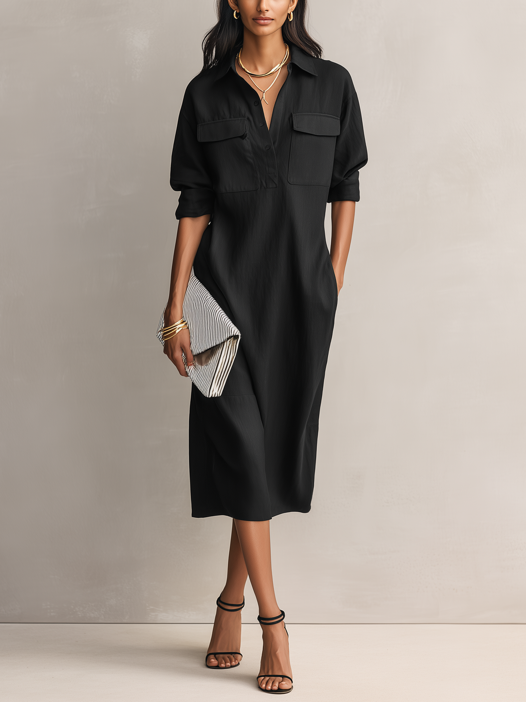 Elegant black women's midi dress with shirt collar & short sleeves, perfect for sophisticated workwear or casual spring/summer.