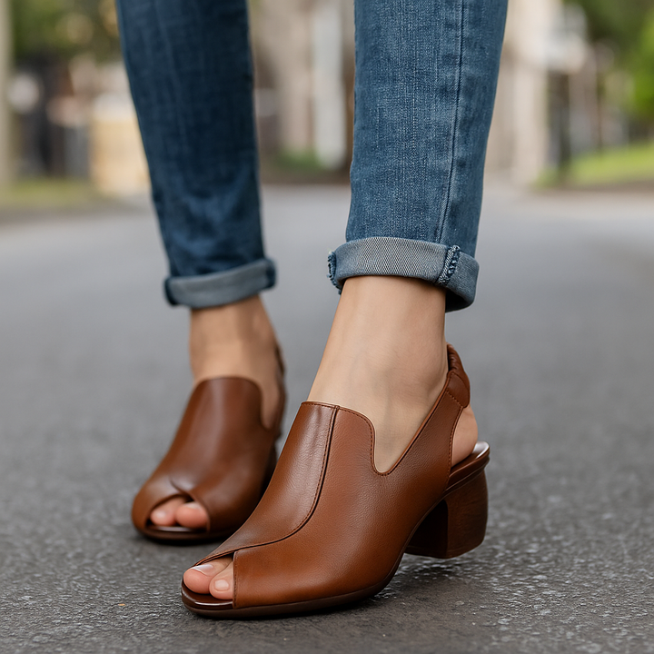 Women's peep-toe slingback heels with a comfortable block heel, ideal for elegance