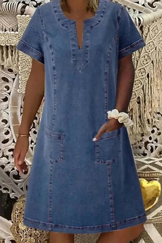 Elegant classic blue midi A-line dress for women, perfect for versatile day-to-night styling.