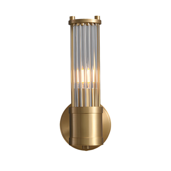"Elegant cylindrical glass wall light in gold or chrome with modern design, ideal for enhancing any room's ambiance."