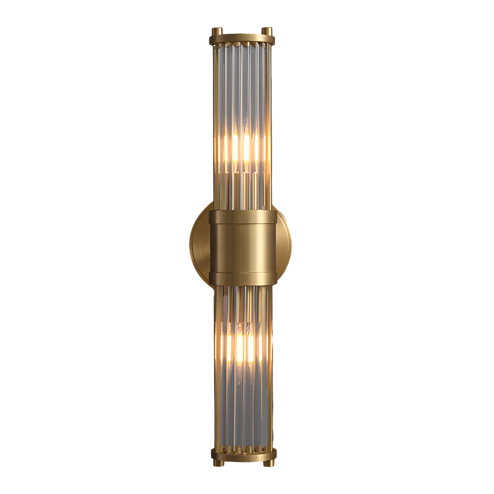 "Elegant cylindrical glass wall light in gold or chrome with modern design, ideal for enhancing any room's ambiance."