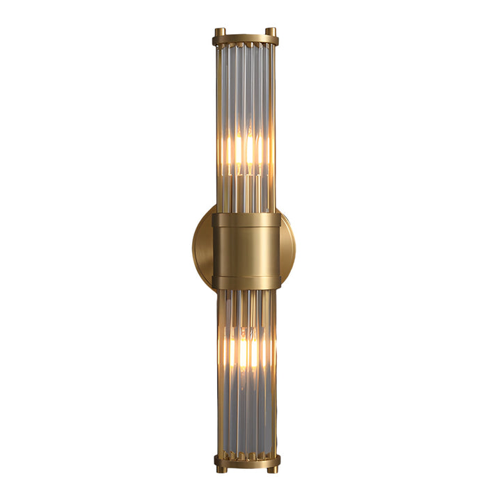 "Elegant cylindrical glass wall light in gold or chrome with modern design, ideal for enhancing any room's ambiance."