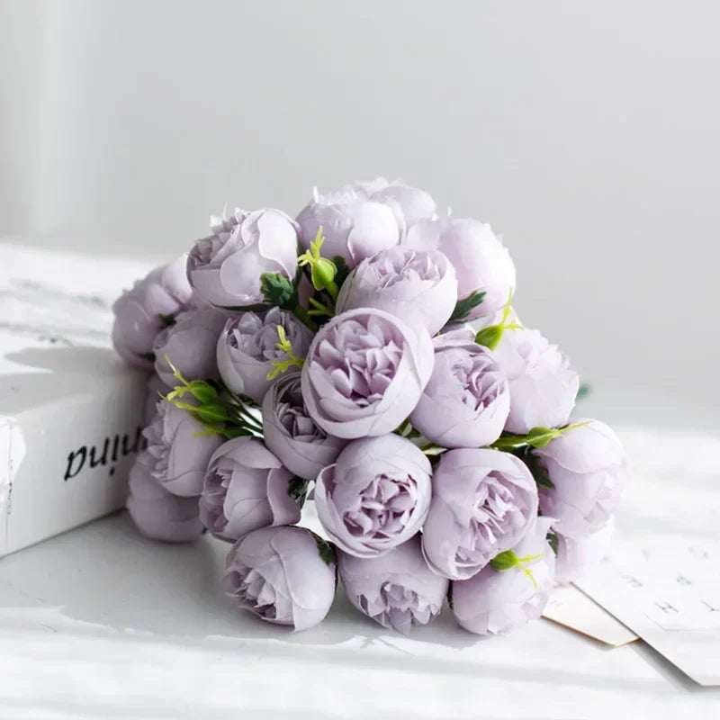 Delicate rose pink artificial peony bouquet. Lovely for romantic wedding themes & home decor accents.