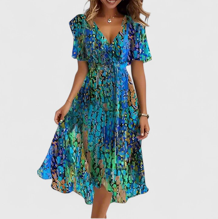 Elegant floral short dress for women, flattering V-neck and high-low hem, perfect for parties.