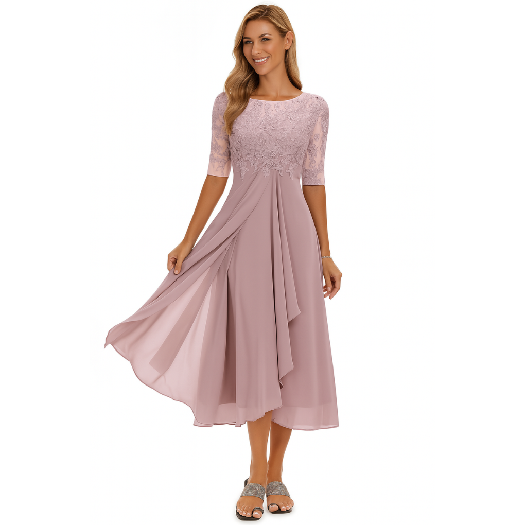 Sophisticated women's flowy midi dress with an elegant silhouette, perfect for formal events and evening wear.