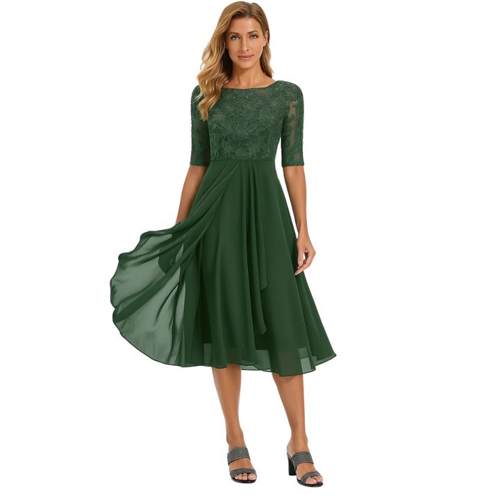 Graceful women's elegant midi dress, a flowy formal party dress for sophisticated evening wear.