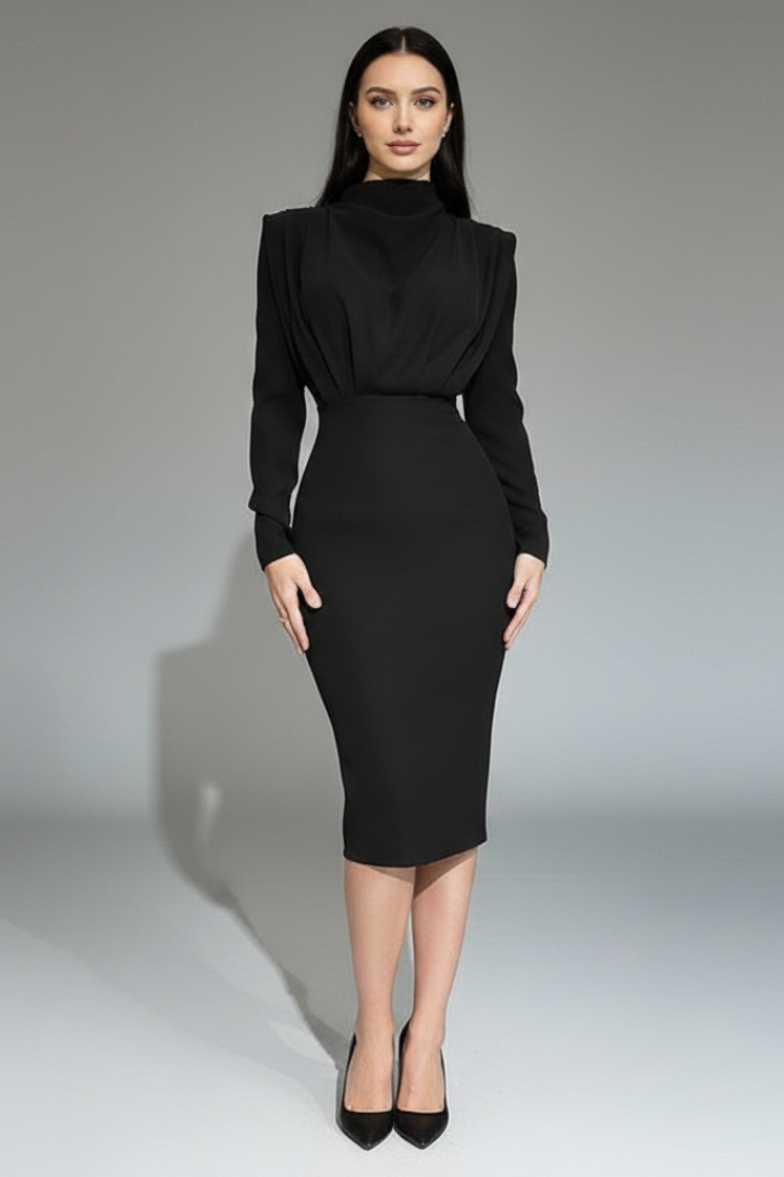 Elegant women's cocktail dress featuring a high neck, long sleeves, and graceful ankle length.