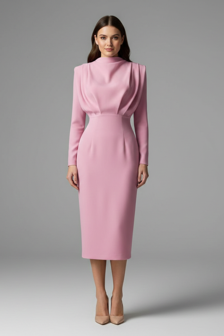 Women's formal high-neck long sleeve dress. Ankle-length, ideal for elegant evening parties & events.