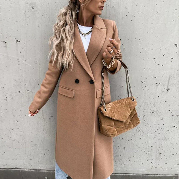 Women's elegant long coat, stylish button design, perfect for autumn outerwear.