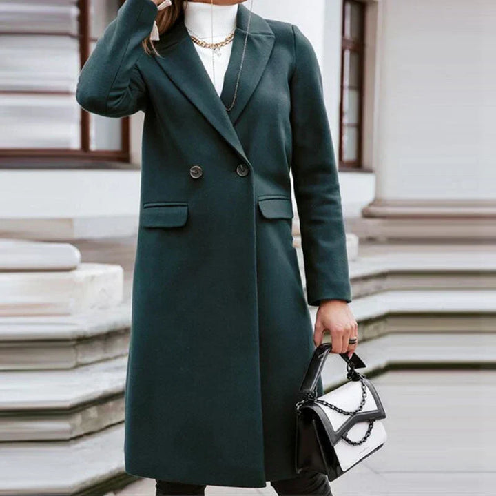 Classic long women's coat with buttons, elegant outerwear for daily style.