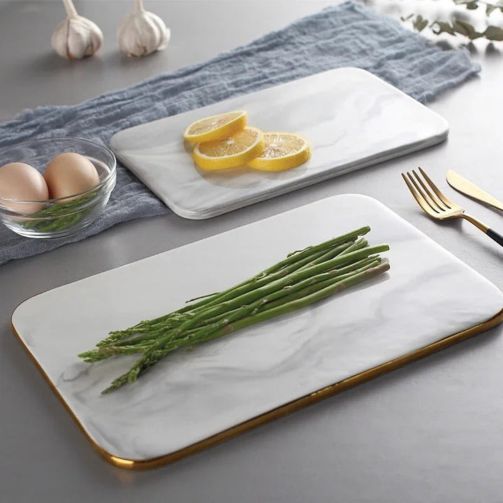 Elegant marble cutting board with polished finish, ideal for gourmet cooking and kitchen elegance, rectangular 10x16 inches.