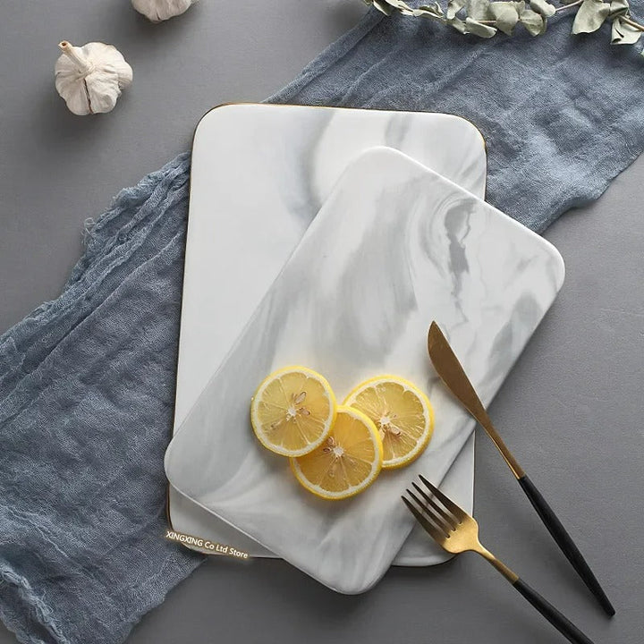 Elegant marble cutting board with polished finish, ideal for gourmet cooking and kitchen elegance, rectangular 10x16 inches.