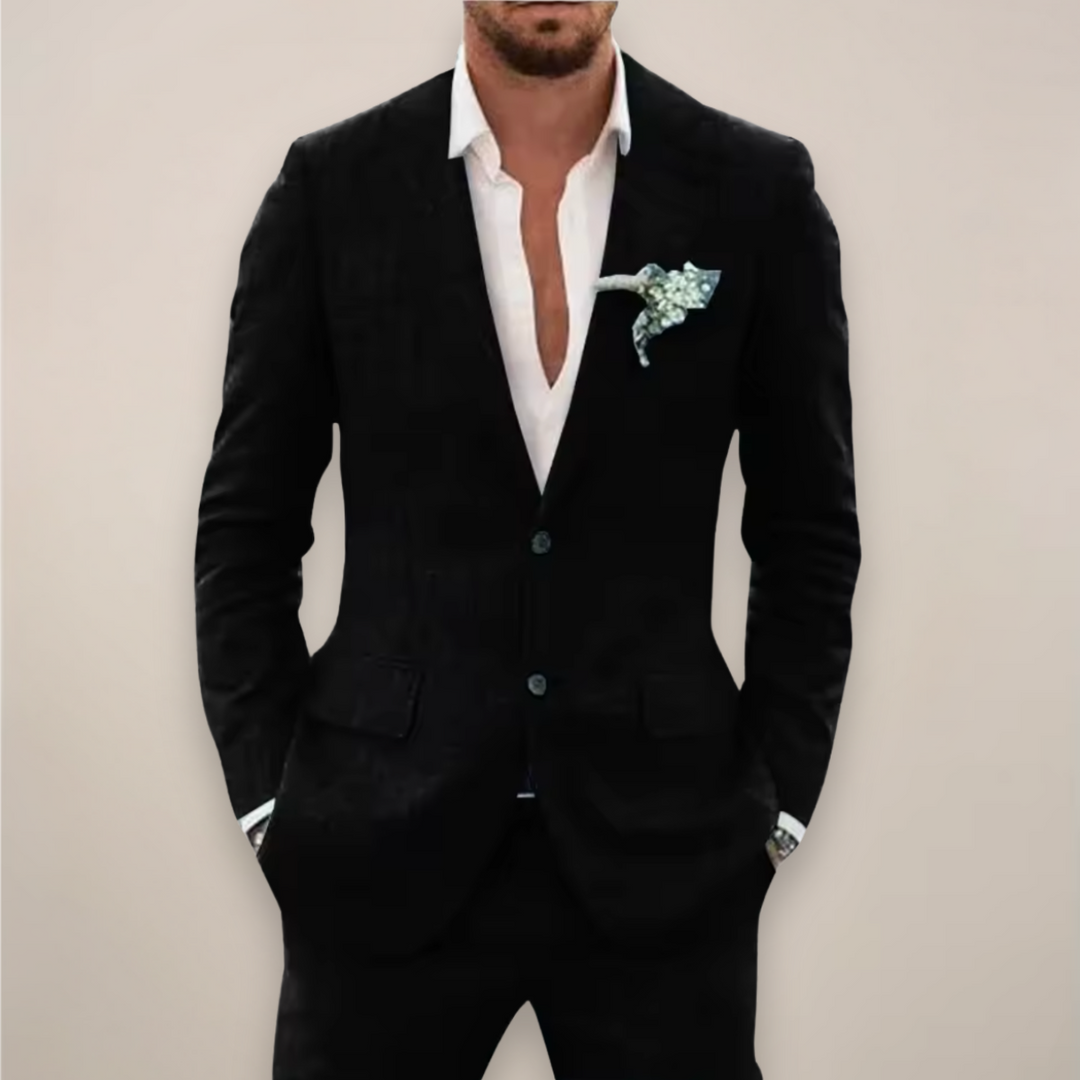Tailored men's suit blazer & trousers, lightweight for spring/summer smart casual wear.