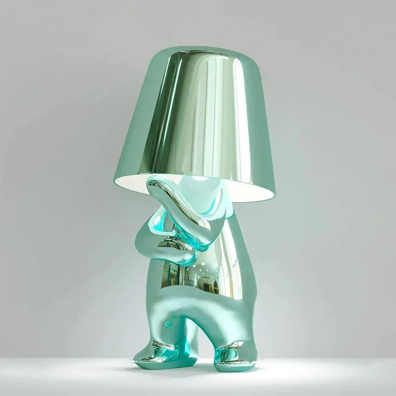 Elegant metallic thinker design table lamp with energy-efficient LED, featuring a unique thinker sculpture for modern decor.