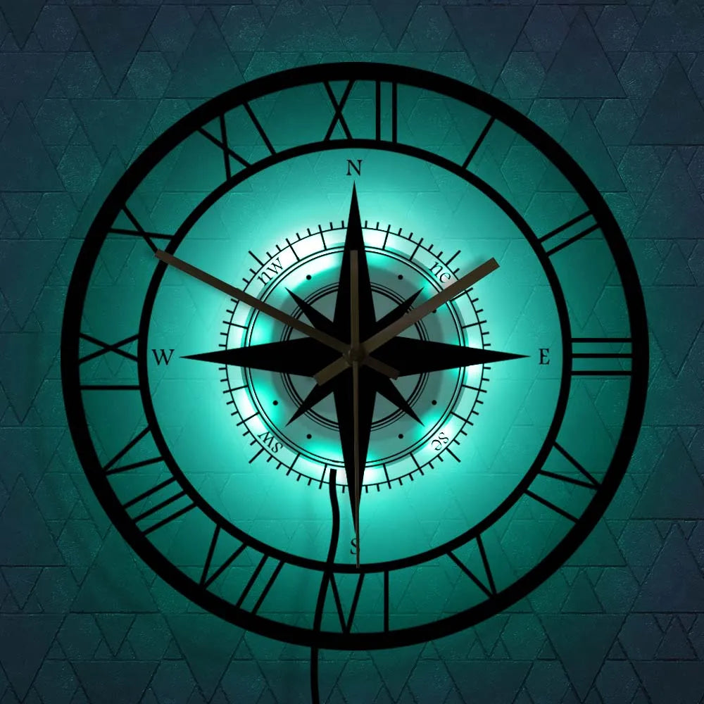"Elegant nautical compass wall clock with exquisite detailing, perfect for maritime decor and adding a touch of elegance."