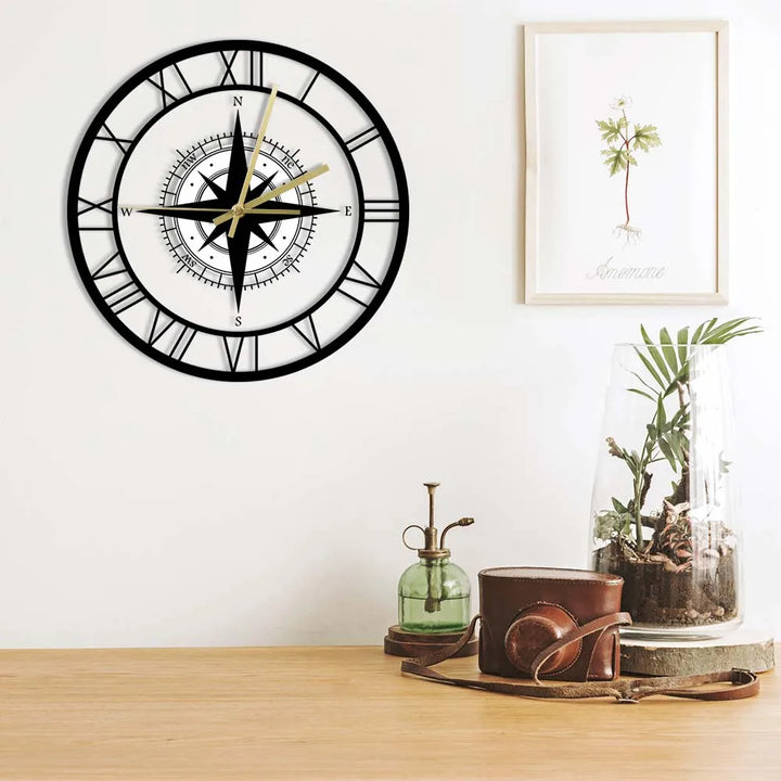 "Elegant nautical compass wall clock with exquisite detailing, perfect for maritime decor and adding a touch of elegance."