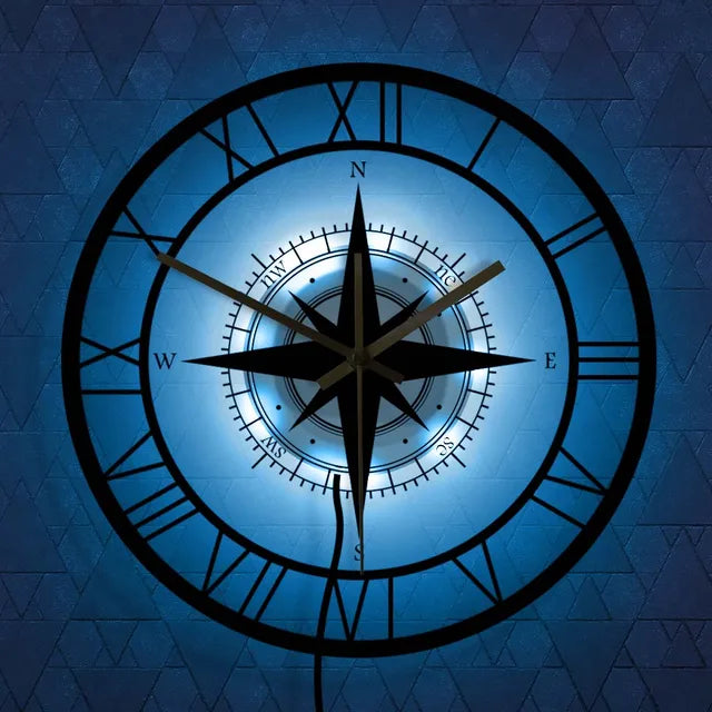 "Elegant nautical compass wall clock with exquisite detailing, perfect for maritime decor and adding a touch of elegance."