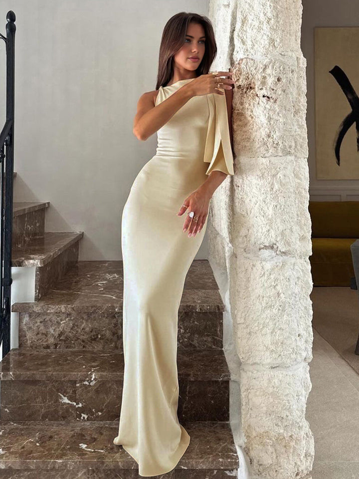 Sleek off-white satin long dress for women, featuring a stylish knotted front, ideal as a party or formal gown.