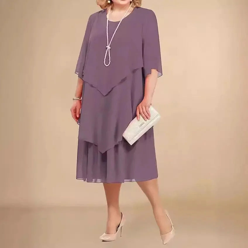 Comfortable plus size asymmetrical midi dress for women. Perfect party dress for formal evening events.