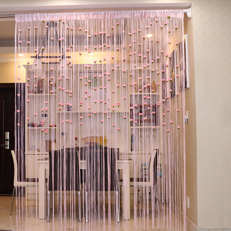 Close-up of Elegant Rose Thread Tassel Door Curtain, delicate rose embroidery, flowing tassels