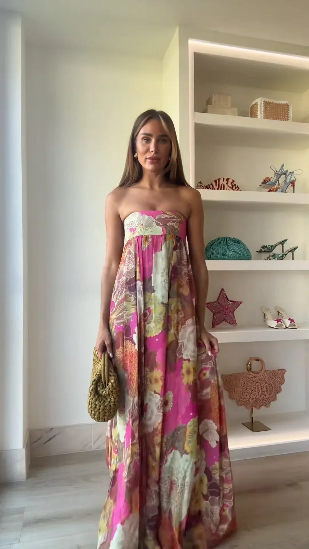 Stunning women's strapless floral maxi dress, an elegant and formal choice for wedding guests & special occasions.