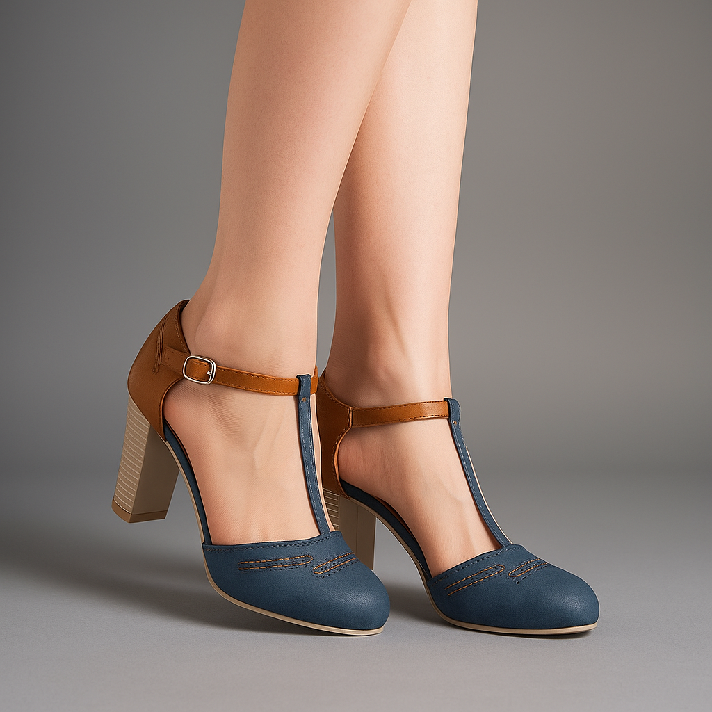 Close-up of women's two-tone block heel shoes, showcasing the elegant design and strap heels